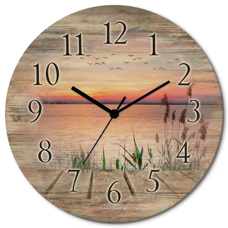 Echt Der See in den Farben der Wolken T9QD Wanduhr auf Holz Ø 30 cm