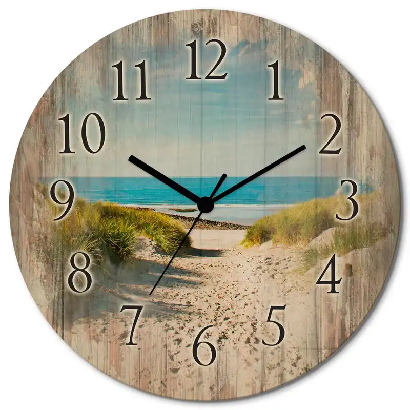 Strand mit Sanddünen und Weg zur See T9EX Wanduhr auf Holz Ø 30 cm Sofort Bestellen