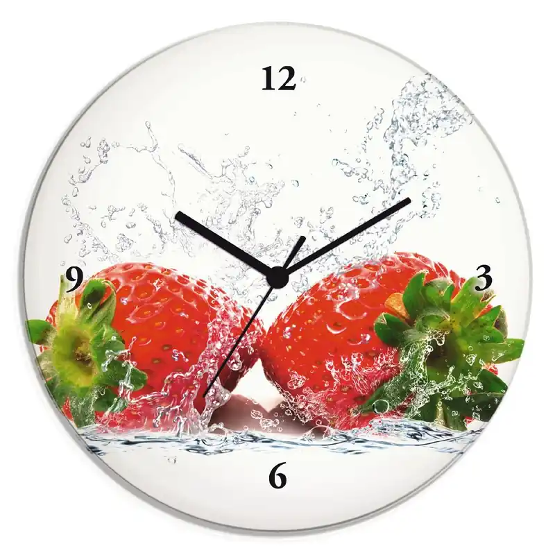 Saisonangebot Erdbeeren mit Spritzwasser Wanduhr auf Glas Ø 30 cm