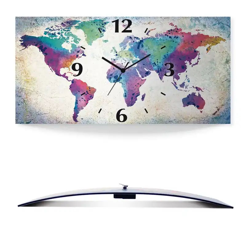 bunte Weltkarte Wanduhr auf Alu, gebogen 50x25 cm Top-Angebot