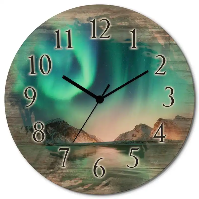 Schnäppchen Auroraborialis - Nördliches Polarlicht T9SZ Wanduhr auf Holz Ø 30 cm
