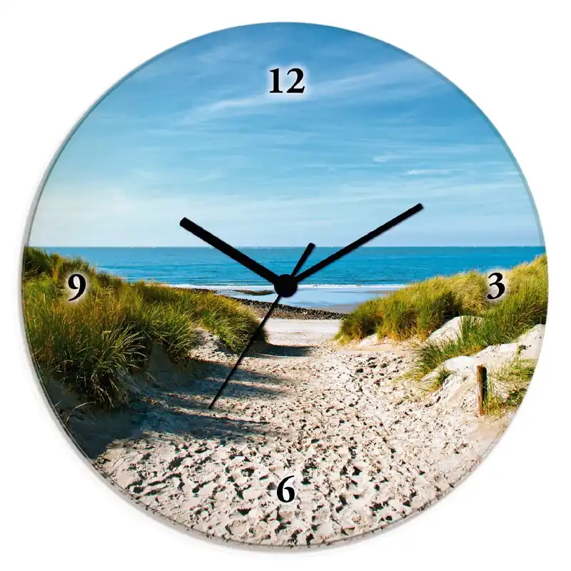 Super-Preis Strand mit Sanddünen und Weg zur See T9EX Wanduhr auf Glas Ø 30 cm