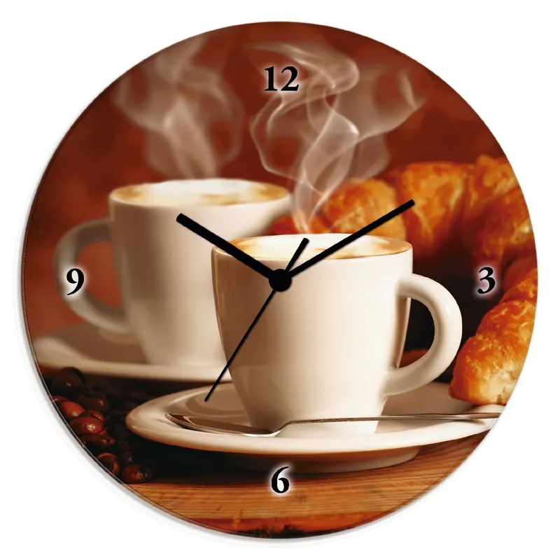 Dampfender Cappuccino und Croissant T5XO Wanduhr auf Glas Ø 30 cm Highlight