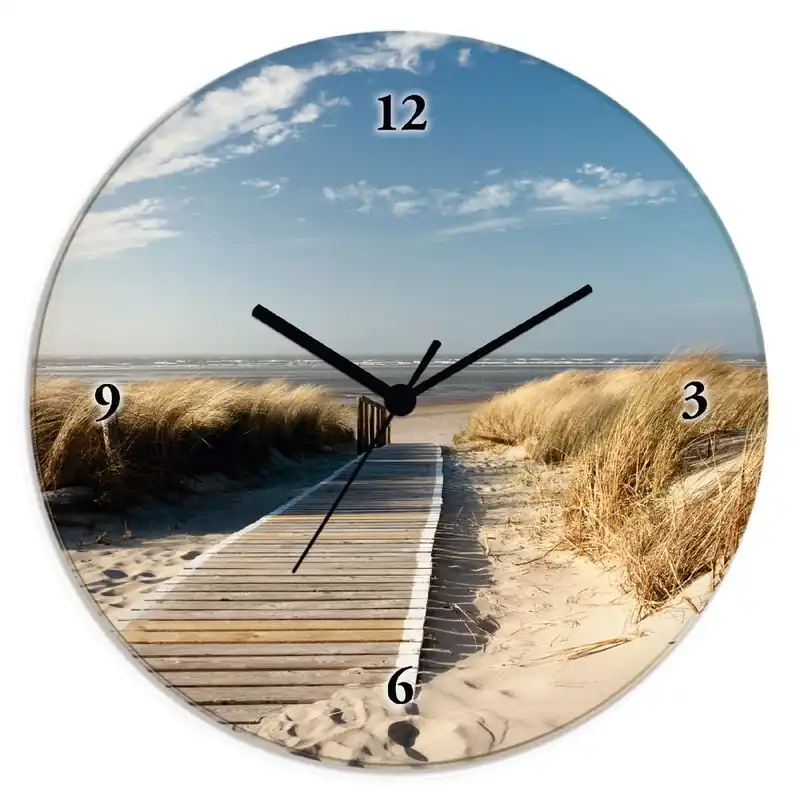 Schnäppchen Nordseestrand auf Langeoog - Steg T5RM Wanduhr auf Glas Ø 30 cm