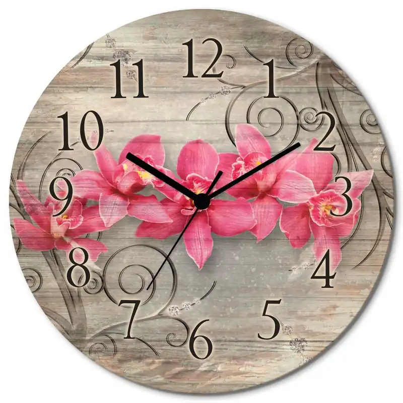 rosa Orchideen auf Ornamenten U1QT Wanduhr auf Holz Ø 30 cm Direktkauf