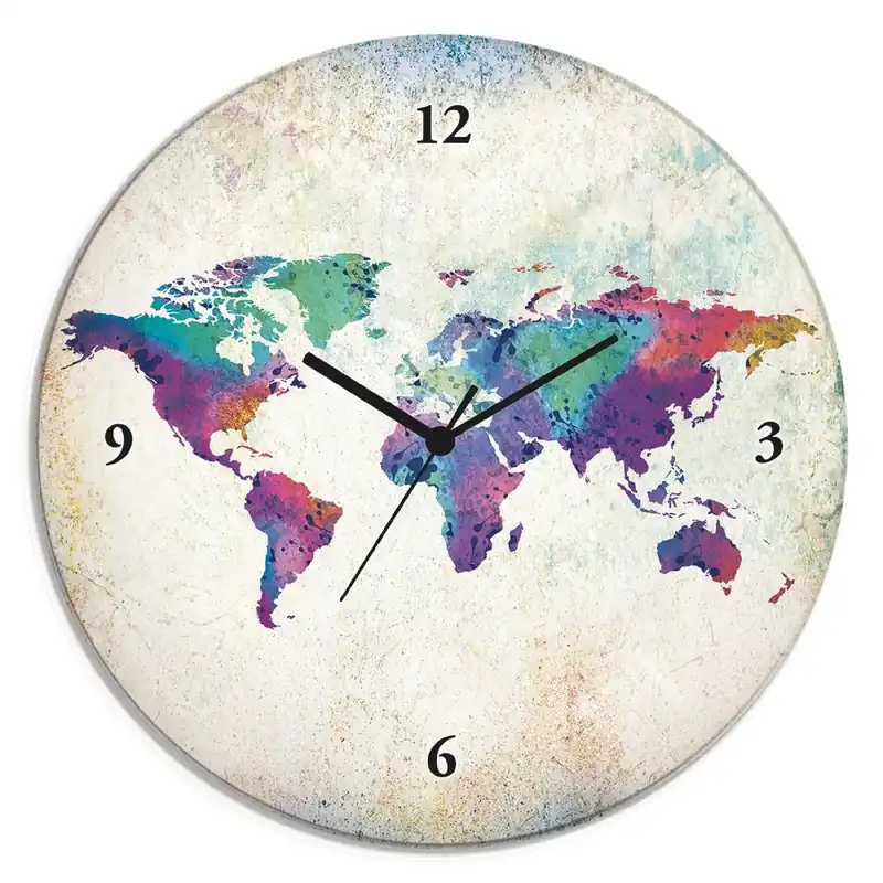 Sale bunte Weltkarte Wanduhr auf Glas Ø 30 cm