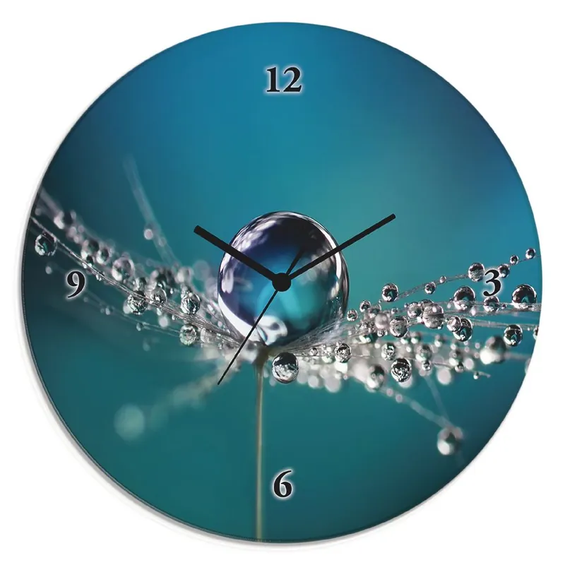 Pusteblume Tautropfen blau Wanduhr auf Glas Ø 30 cm Preiswert