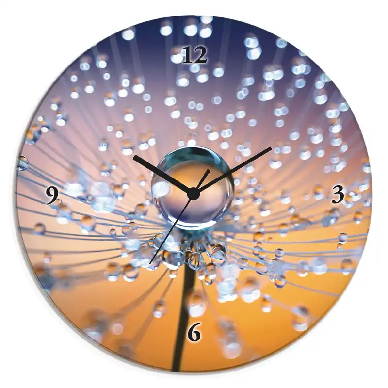 Pusteblumen Tautropfen Wanduhr auf Glas Ø 30 cm Preis Gesenkt