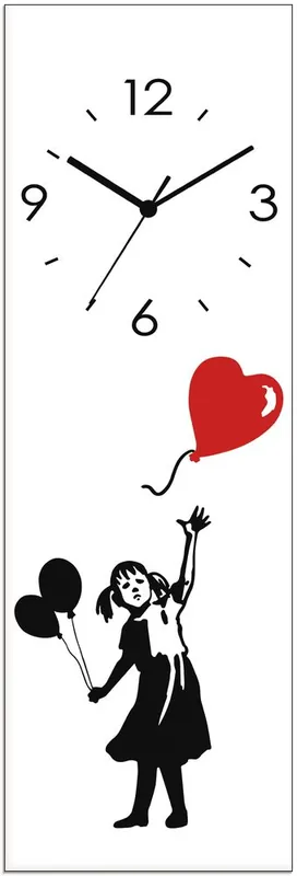 Silhouette Mädchen Ballon Herz Wanduhr auf Glas 20x60 cm Neu Im Sortiment