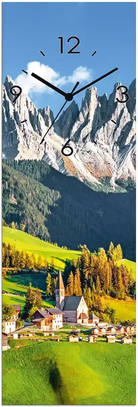 Alpen Berge Santa Maddalena Wanduhr auf Glas 20x60 cm Markenware