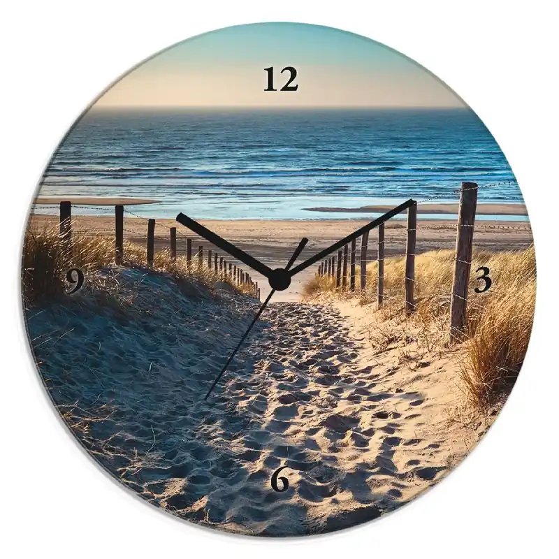 Weg zum Nordseestrand Sonnenuntergang Wanduhr auf Glas Ø 30 cm Highlight