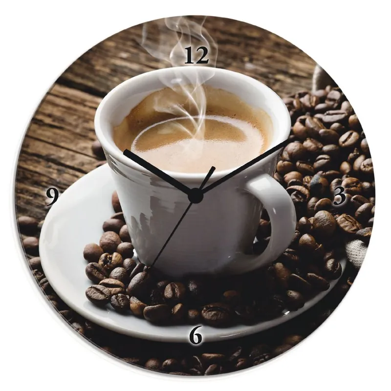 Top-Seller Heißer Kaffee - dampfender Kaffee Wanduhr auf Glas Ø 30 cm