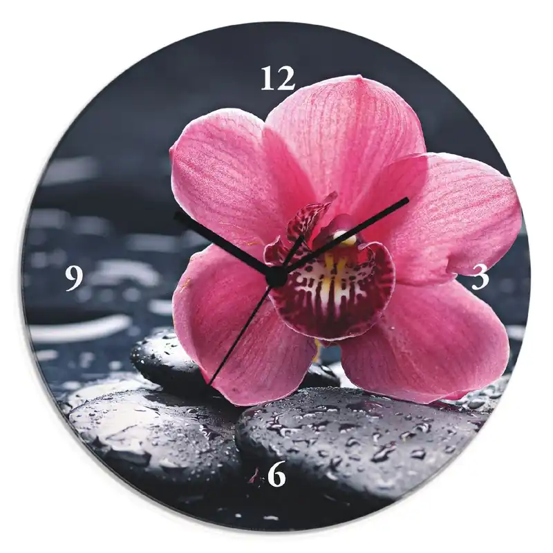 Stillleben mit Kiesel und einer Orchidee Wanduhr auf Glas Ø 30 cm Meistverkauft