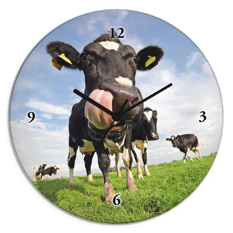 Holstein-Kuh mit gewaltiger Zunge Wanduhr auf Glas Ø 30 cm Ausverkauf