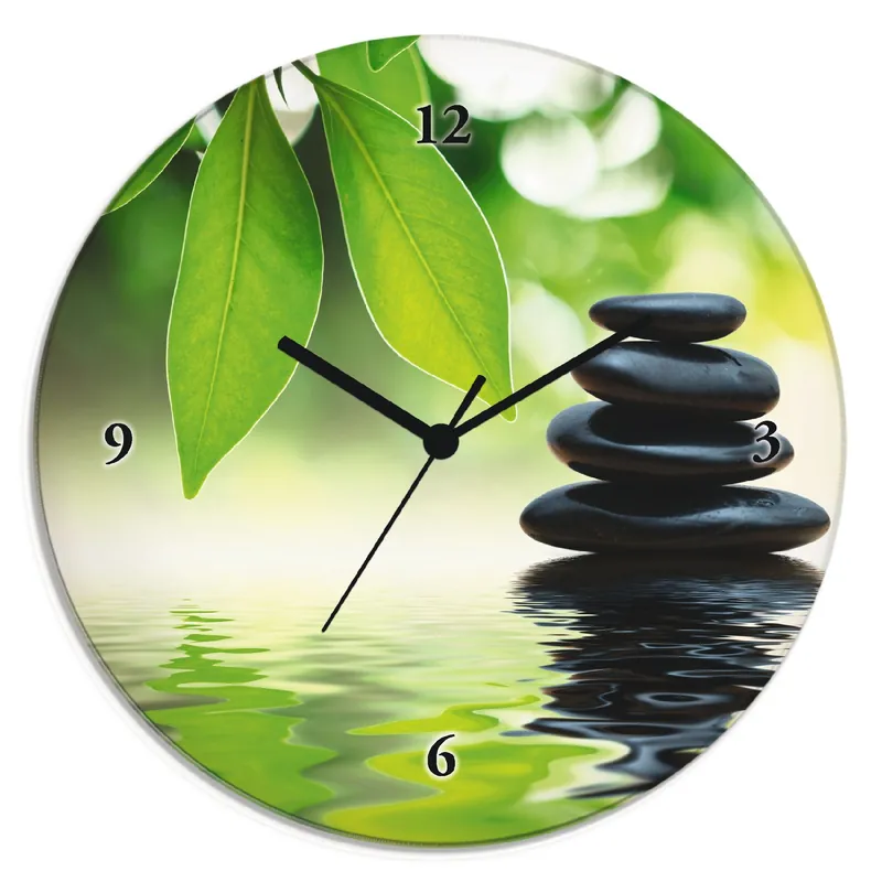 Preiswert Zen Steinpyramide auf Wasseroberfläche Wanduhr auf Glas Ø 30 cm