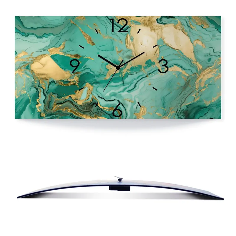 Billig Grün und Gold Marmor Landschaft U4WJ Wanduhr auf Alu, gebogen 50x25 cm