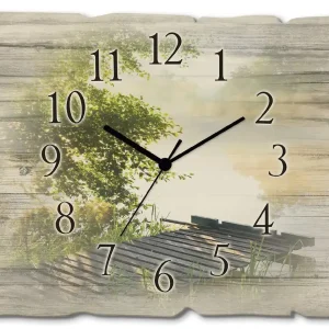 Garantierte Lieferung Angelsteg am Morgen Wanduhr auf Holz 40x30 cm