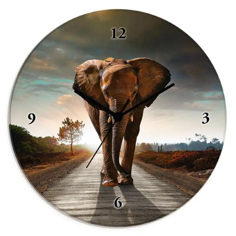 Ein Elefant läuft auf der Straße T9QO Wanduhr auf Glas Ø 30 cm Top-Seller
