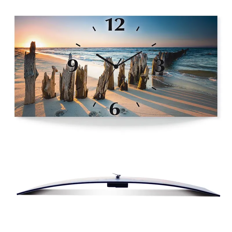 Beliebt Sonnenuntergang Strand Wellenbrecher Wanduhr auf Alu, gebogen 50x25 cm