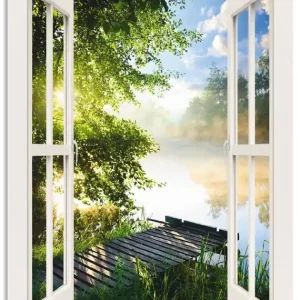 Fensterblick Angelsteg am Fluss, weiß T1JK Wandbild Zertifiziert