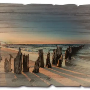 Sonnenuntergang Strand Wellenbrecher U1UI Holzbild Vintage 40x30 cm Super-Preis