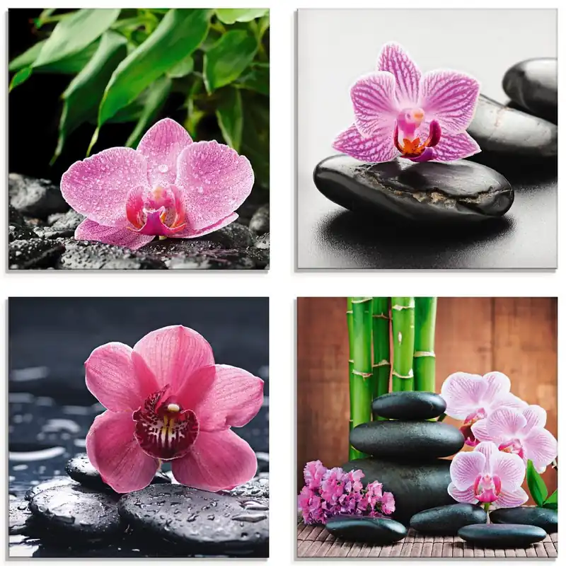 Schnäppchen Orchidee Zenstein Tropfen Spa Konzept Glasbilder, Set 4tlg. je 20x20 cm