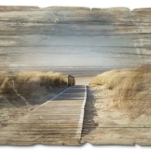 Aktuell Nordseestrand auf Langeoog - Steg T5RM Holzbild Vintage 40x30 cm