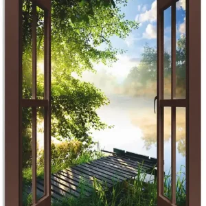 Fensterblick Angelsteg am Fluss, braun T1DZ Wandbild Heißes Angebot
