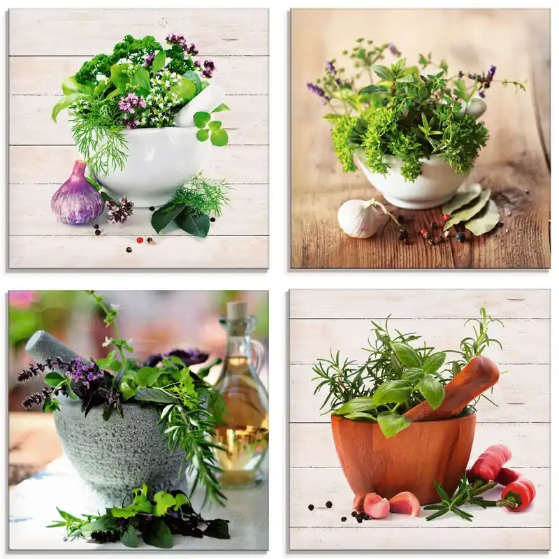 Frische Kräuter und Gewürze S6IJ Glasbilder, Set 4tlg. je 20x20 cm Mega-Angebot
