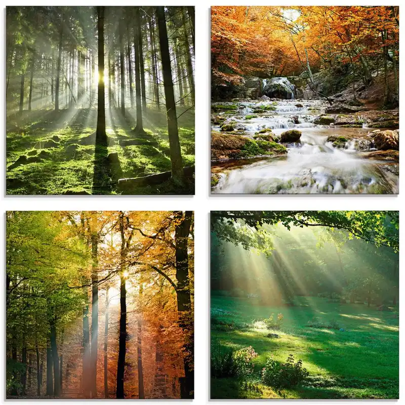 Wald Wasserfall Herbsttag S6MK Glasbilder, Set 4tlg. je 20x20 cm Sichere Zahlung