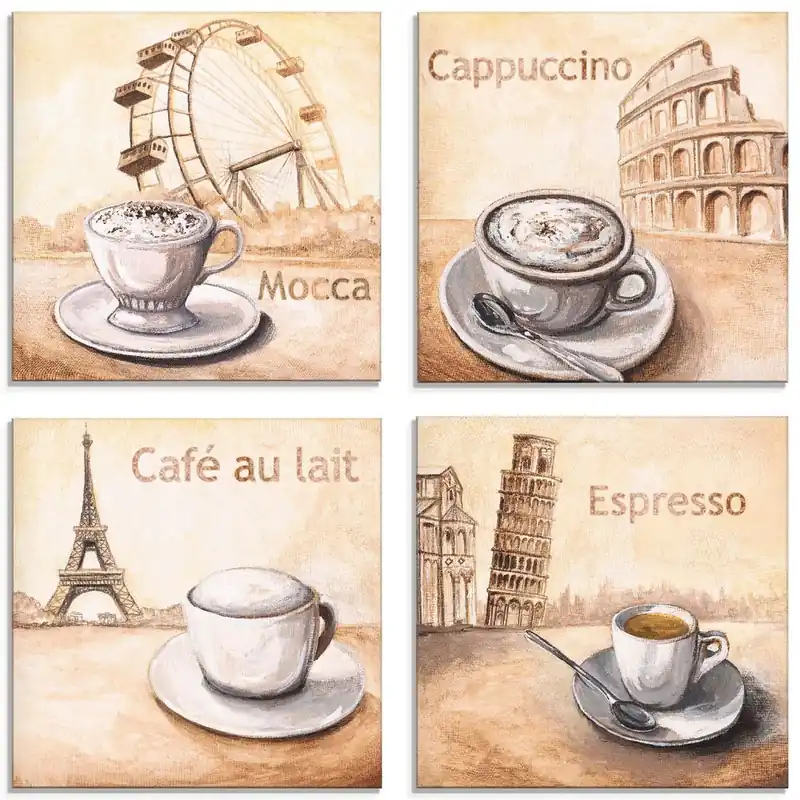 Mocca Cappuccino Café au lait Espresso Glasbilder, Set 4tlg. je 20x20 cm Angebot