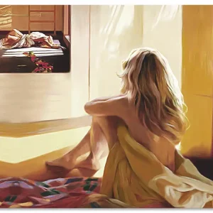 Begrenztes Angebot Blondes Mädchen sitzt auf dem Bett U2SZ Wandbild