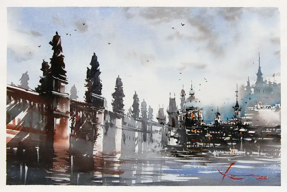 Aquarellmalerei: "Wächter der Karlsbrücke", Original/Unikat, F. Bär Günstig