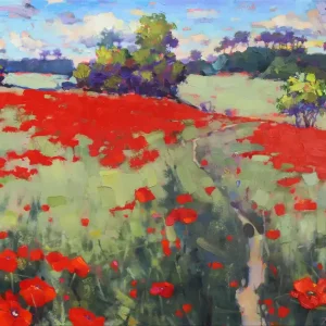 A. Larrett: "Ein Pfad durch die Mohnfelder", Pleinairmalerei in Öl, Original/Unikat Garantierte Lieferung