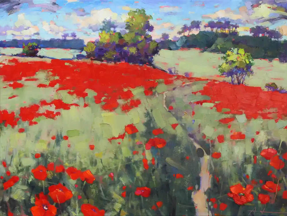 A. Larrett: "Ein Pfad durch die Mohnfelder", Pleinairmalerei in Öl, Original/Unikat Garantierte Lieferung