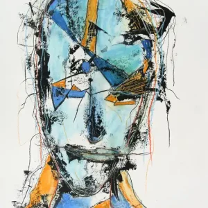 I. Schmidt: "Ohne Titel Gesicht Blau", zeitgenössische Grafik/Malerei (ohne Rahmen), Original/Unikat Begrenztes Angebot