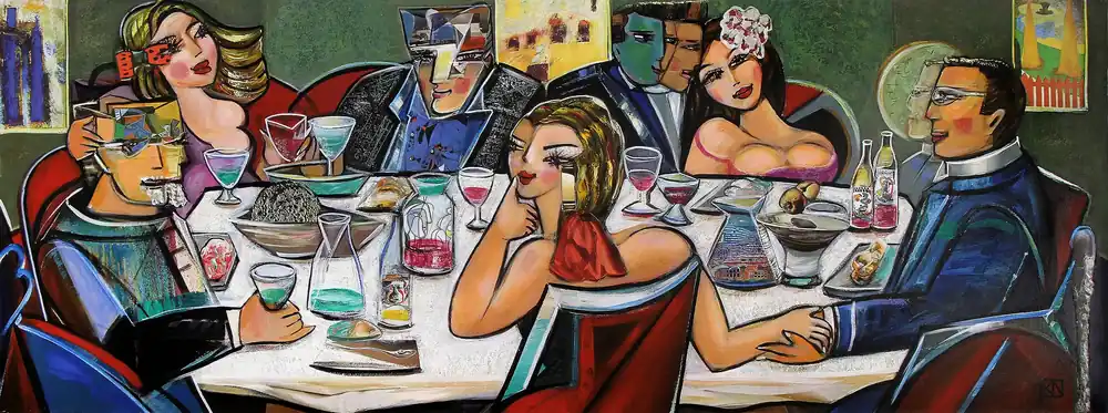 Kunstdruck, signiert: "Dinner with Friends VII", K. Namazi, Edition, Nr. 1/150 Kostenfreie Lieferung