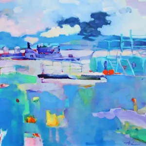 Gratis Versand A. Larrett: "Dampferanlegestelle an der Elbe", Pleinairmalerei in Öl, Original/Unikat (A)
