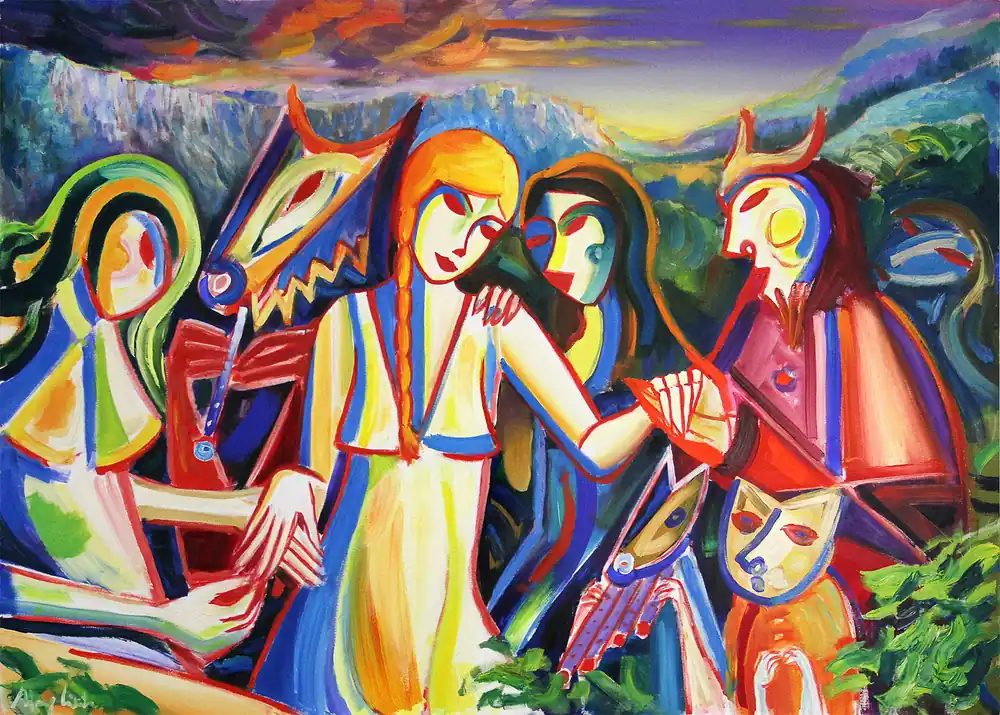 Gratis Versand M. Cieśla: "Den Geistern der Natur begegnen", Original/Unikat, Expressionistisches Ölgemälde (A)