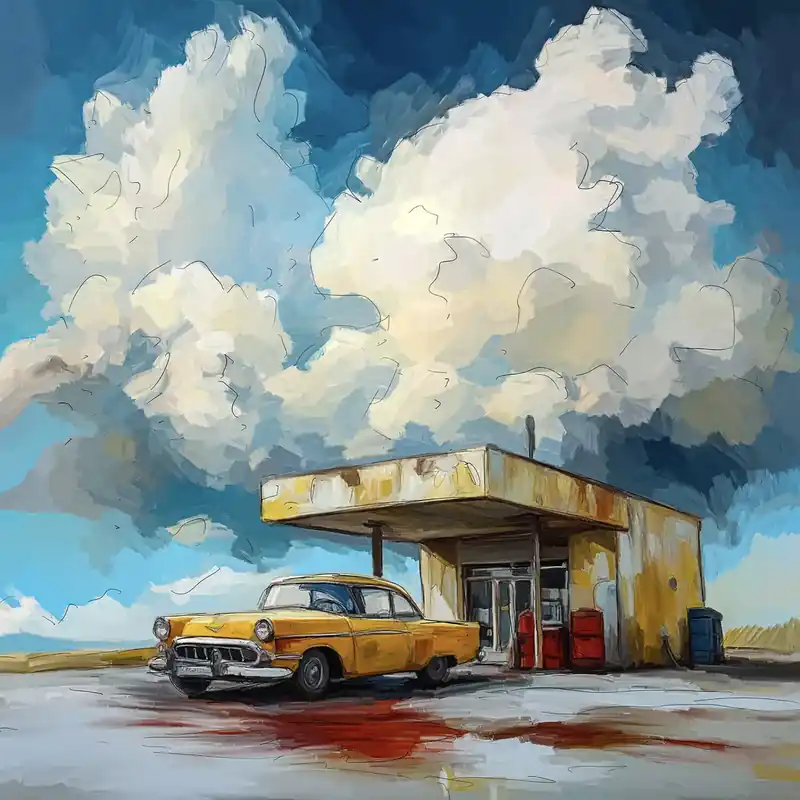 Moderne Kunst: "Yellow Cab an der Tankstelle in Nevada", H. Mühlbauer-Gardemin, Original/Unikat Meistverkauft