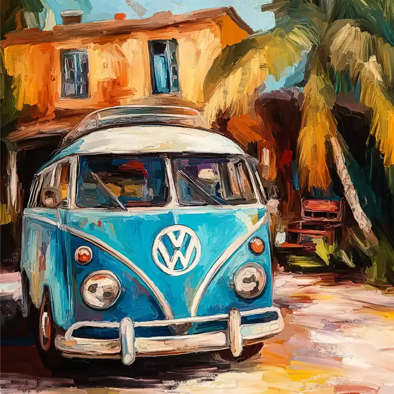 Moderne Kunst: "Mit dem VW Bulli in den Süden", H. Mühlbauer-Gardemin, Original/Unikat Echt
