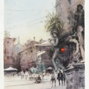 Kostenloser Rückversand Aquarellmalerei: "Piazza della Signoria Florenz", Original/Unikat (ohne Rahmen), V. Heil