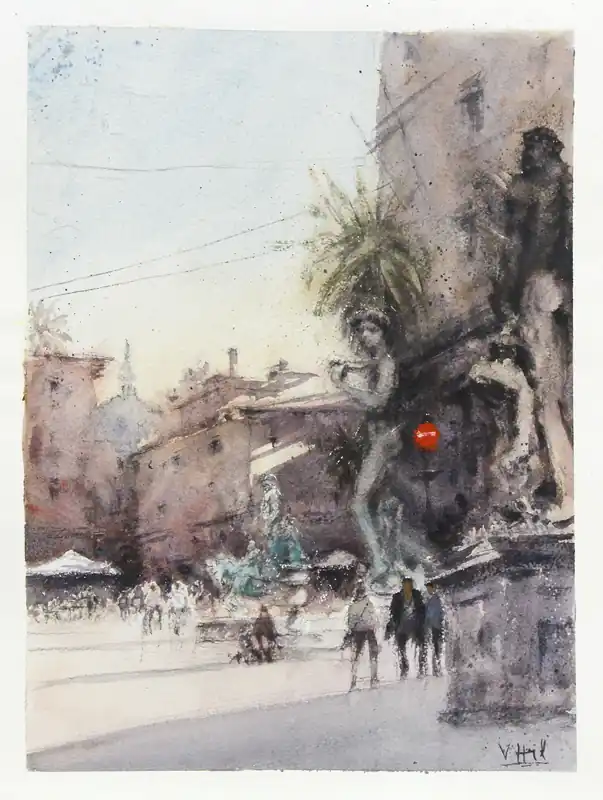 Kostenloser Rückversand Aquarellmalerei: "Piazza della Signoria Florenz", Original/Unikat (ohne Rahmen), V. Heil