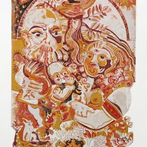 F.O. Haake: "Heilige Familie", originale Grafik/serielles Unikat, mehrfarbiger Linoldruck Must-Have