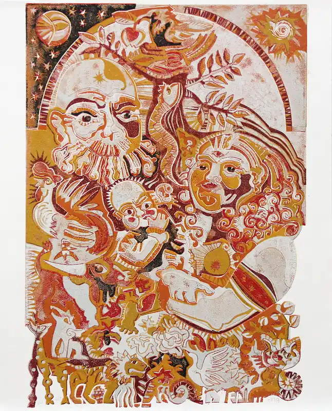 F.O. Haake: "Heilige Familie", originale Grafik/serielles Unikat, mehrfarbiger Linoldruck Must-Have