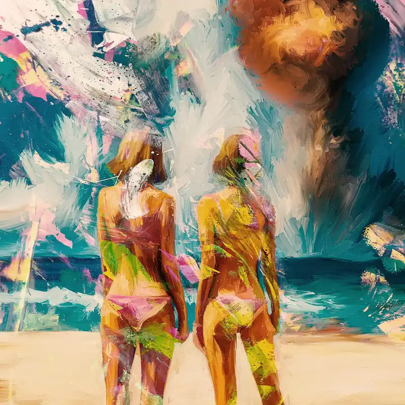 Kunstdruck, signiert: "Frauen am Strand mit Atombombe", Holger Mühlbauer-Gardemin, Edition, Nr. 1/150 Ausverkauf