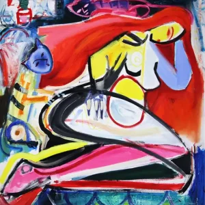Begrenztes Angebot Acrylmalerei , Maciej Cieśla: "Komposition mit weiblicher Form und Katzen", Originalgemälde (Unik