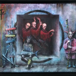 Garantierte Lieferung Gegenwartskunst von André Mimor: "Jäger und Sammler", Originalgemälde (Unikat)