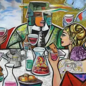 Kunstdruck, signiert: "Drinking with Friends V", K. Namazi, Edition, Nr. 1/150 Versand Am Gleichen Tag