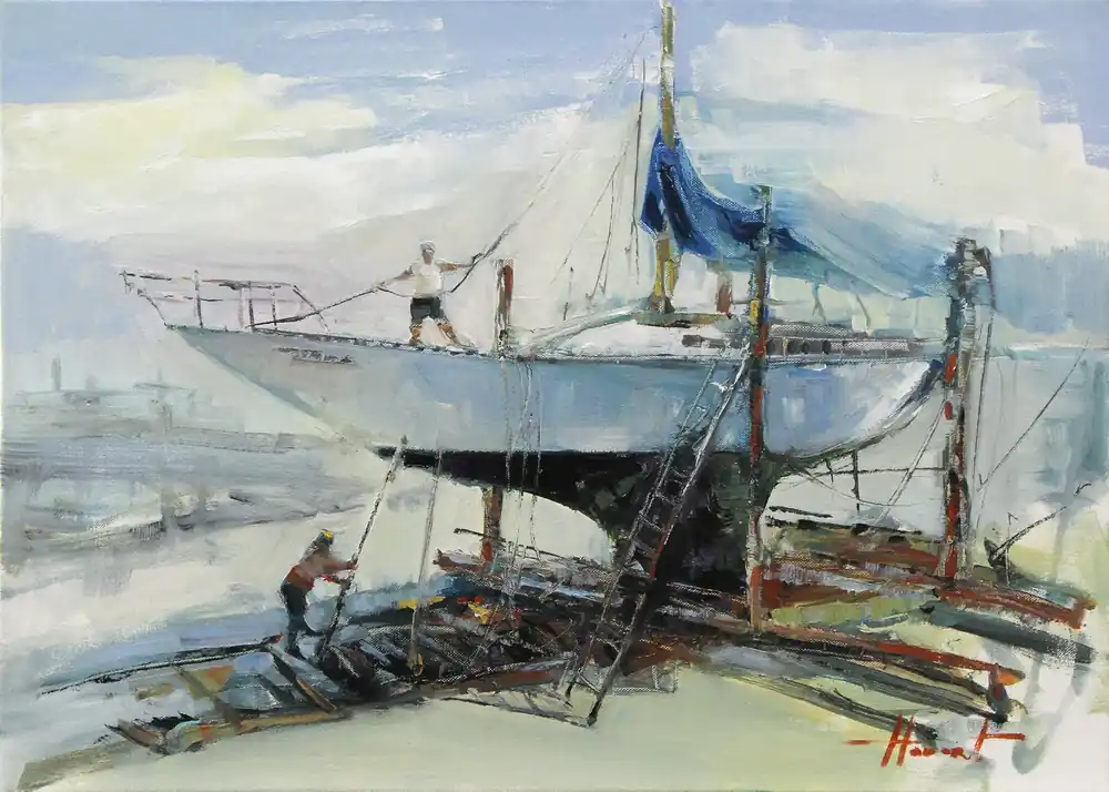 Expressversand Ölgemälde: "Under the Mast", Original/Unikat, H. Havartsou